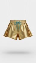Radiant gold festival shorts with bold prints