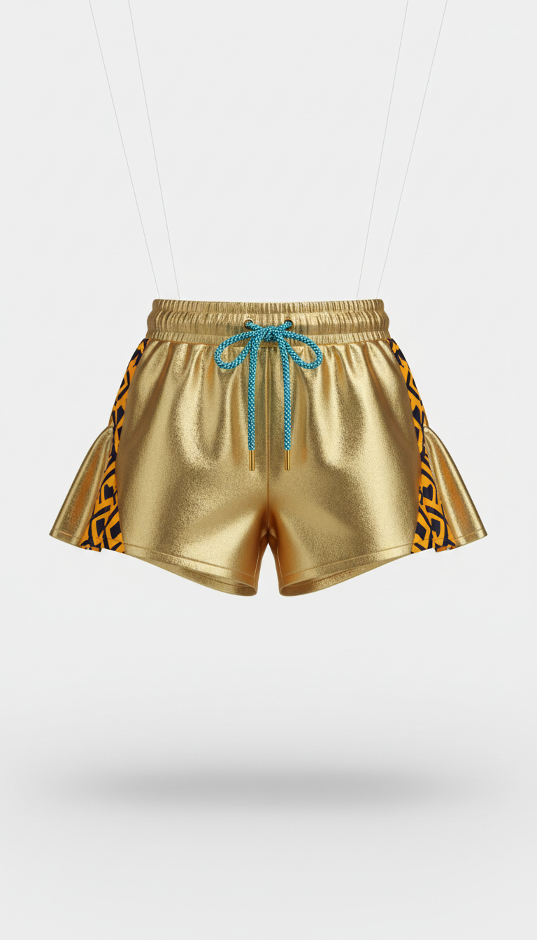 Radiant gold festival shorts with bold prints
