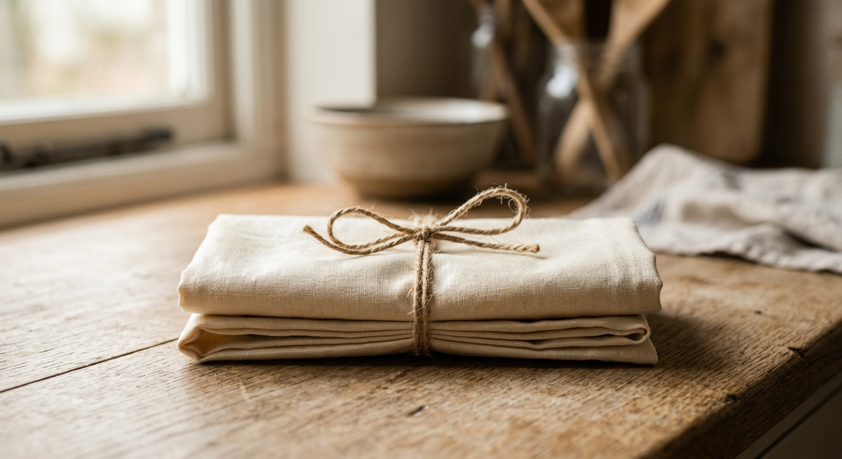 BreadKeep cotton and beeswax bread bag, folded on a wooden counter
