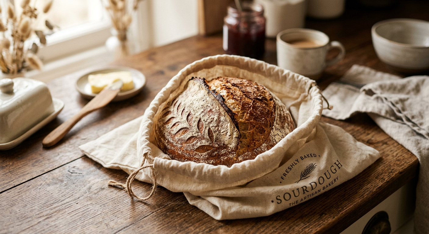 Fresh sourdough loaf resting inside an open BreadKeep bag