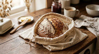 Fresh sourdough loaf resting inside an open BreadKeep bag